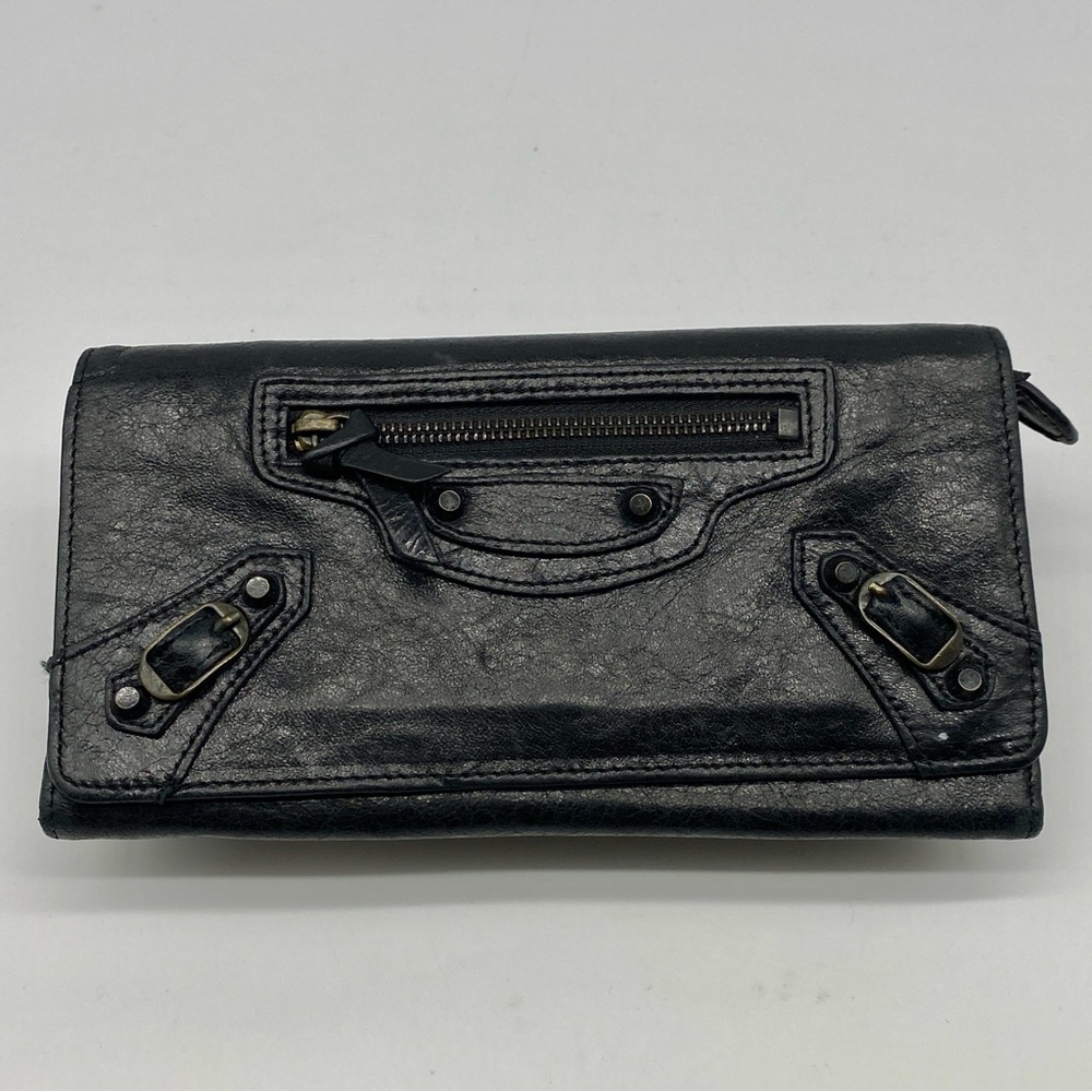 BALENCIAGA Continental Classic Moto Black Zipper Leather Long Large Wallet